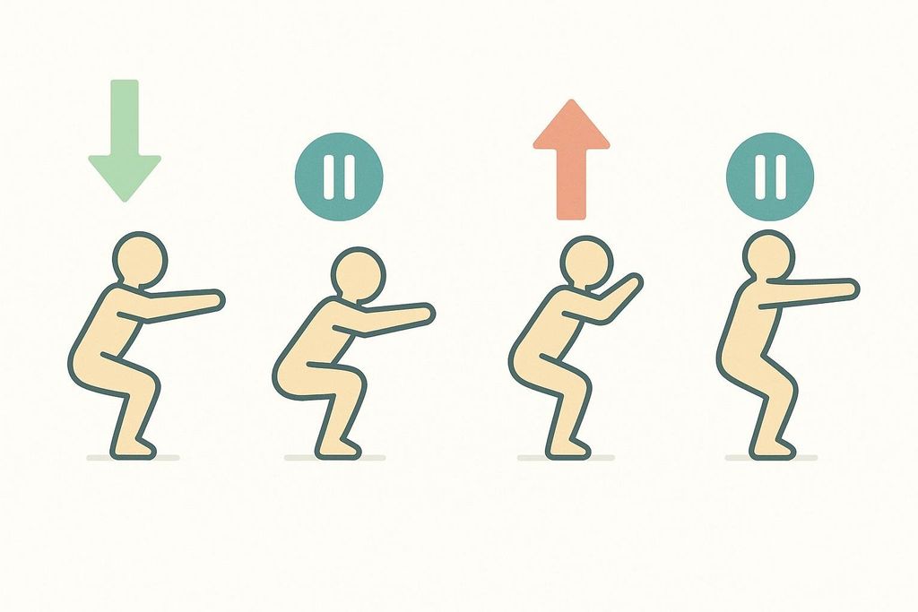 An infographic illustrating a four-part tempo for a squat exercise. It shows four squatting figures: the first with a green downward arrow for eccentric movement, the second with a teal pause icon, the third with an orange upward arrow for concentric movement, and the fourth with another teal pause icon.