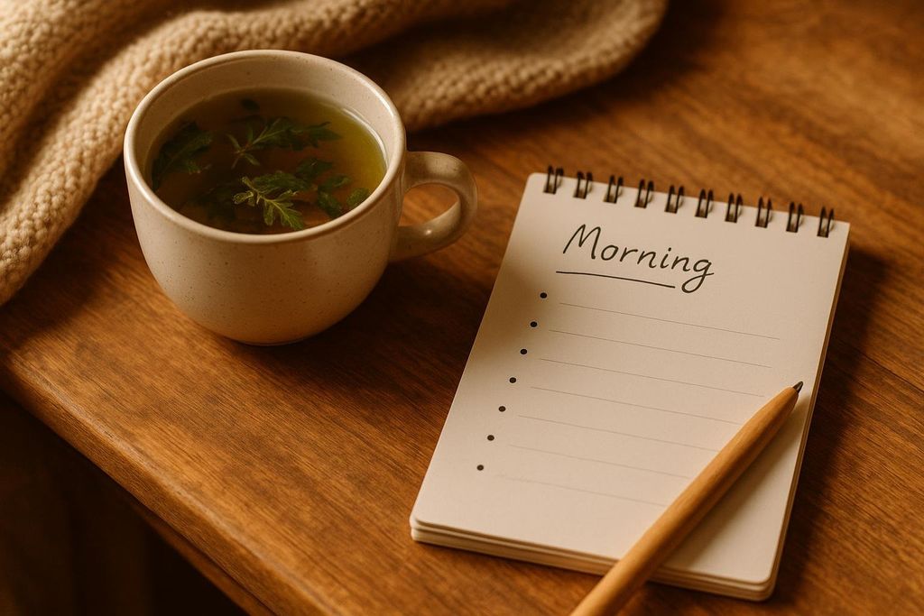 A close-up shot of a steaming mug of tea with green herbs, next to an open notebook with 'Morning' written at the top and bullet points below it, along with a wooden pencil. All are resting on a warm wooden surface beside a soft, knitted blanket.