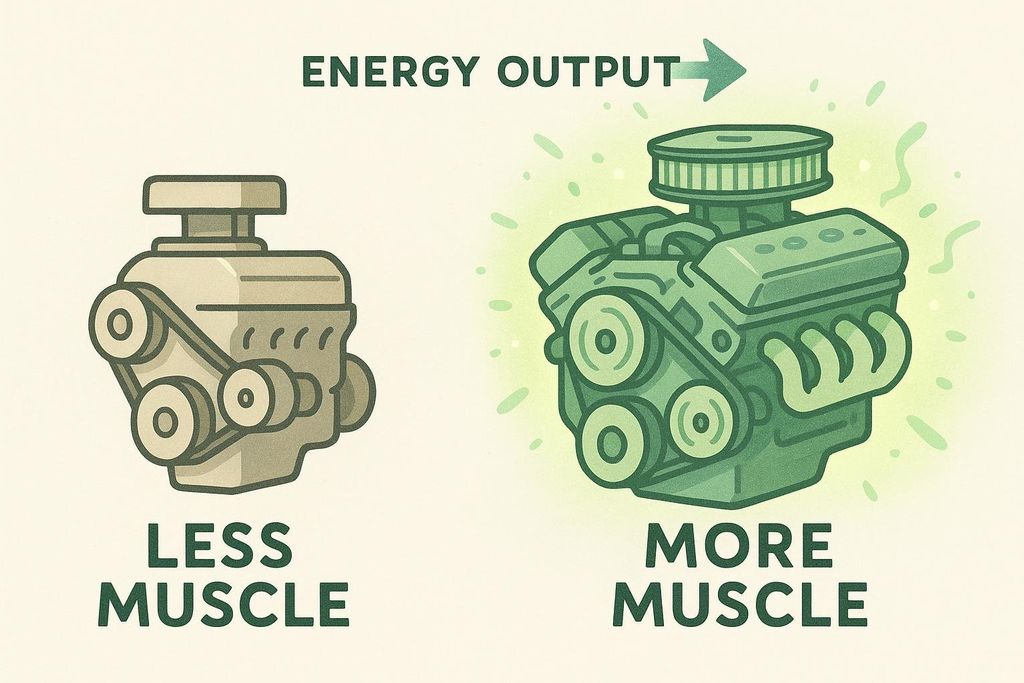 An illustration comparing two car engines. On the left, a smaller, lighter-colored engine labeled 'LESS MUSCLE' is shown with fewer details. On the right, a larger, green engine with exhaust manifolds and more visible components is labeled 'MORE MUSCLE' and appears to glow with green energy, indicating 'ENERGY OUTPUT' via an arrow at the top.