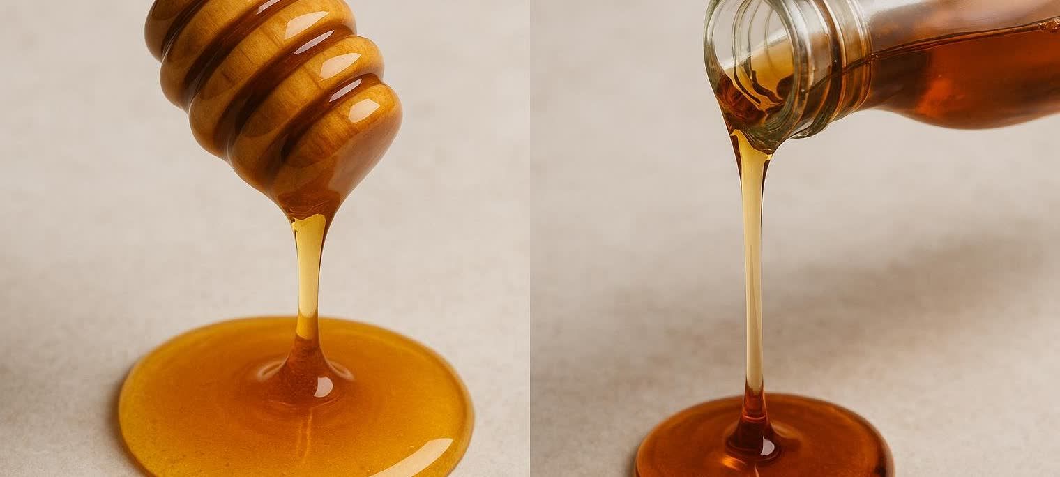 A split view comparison. On the left, a wooden honey dipper allows golden honey to drip onto a surface, forming a small pool. On the right, clear agave syrup pours from a glass bottle onto a surface, also forming a small pool. Both liquids are golden brown and viscous.