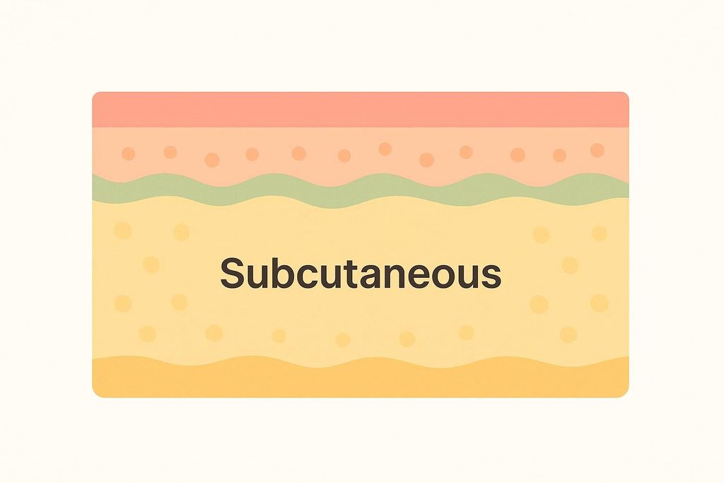 An illustration showing a cross-section of skin. The top layer is pinkish, followed by a thinner green wavy layer, and a thick yellow layer labeled 'Subcutaneous' with small circular patterns, indicating the underlying padding or fat layer.