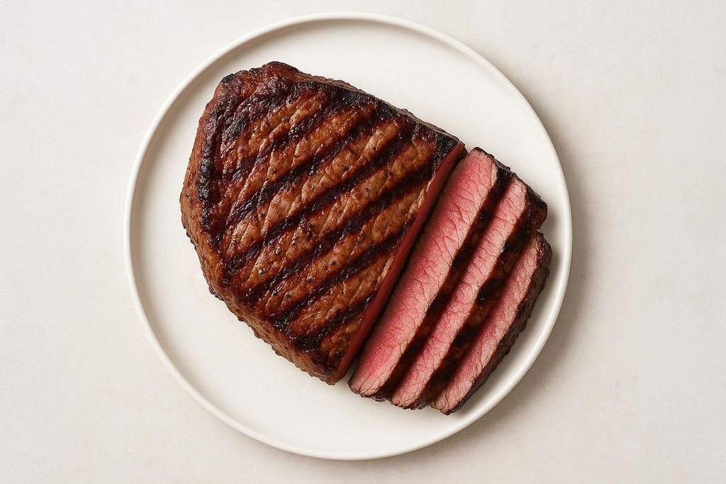 Appetizing overhead photo of a grilled sirloin steak, partially sliced, on a white plate.