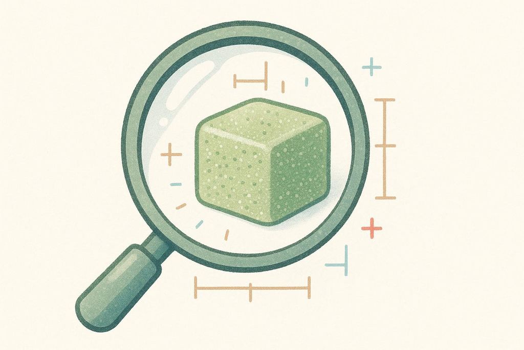 An illustration depicting a green, sugar-dusted gummy cube seen through a magnifying glass, with measurement lines and marks around it, suggesting precise examination or quality control.
