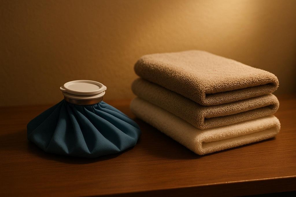 A blue ice pack with a white and gold cap sits on a wooden surface next to a stack of three neatly folded, soft, beige towels. The background is a soft, warm brown.