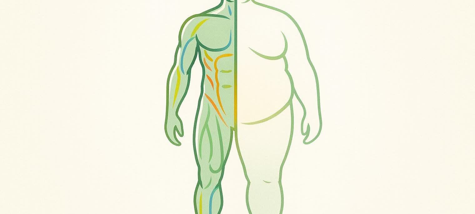 Stylized human silhouette comparing healthy lean body composition with excess body fat.