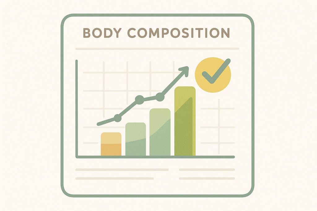 Abstract illustration of a body composition report graph showing an upward trend in a highlighted metric, symbolizing lean mass increase.