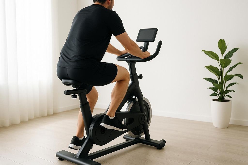 A man in a black t-shirt and shorts rides a stationary exercise bike in a brightly lit room.