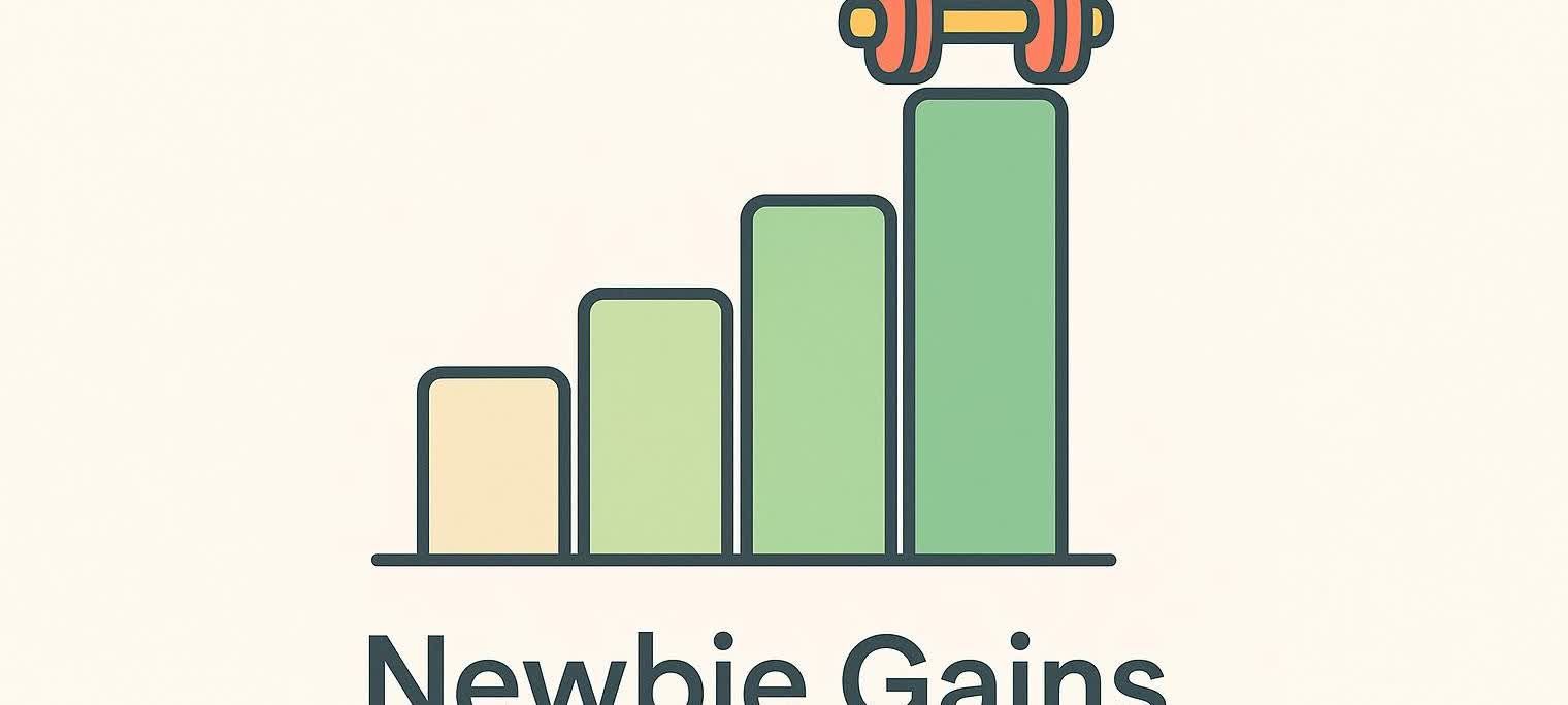 An illustration showing three green bar charts of increasing height, topped with an orange dumbbell, and the words 'Newbie Gains' in dark grey below.