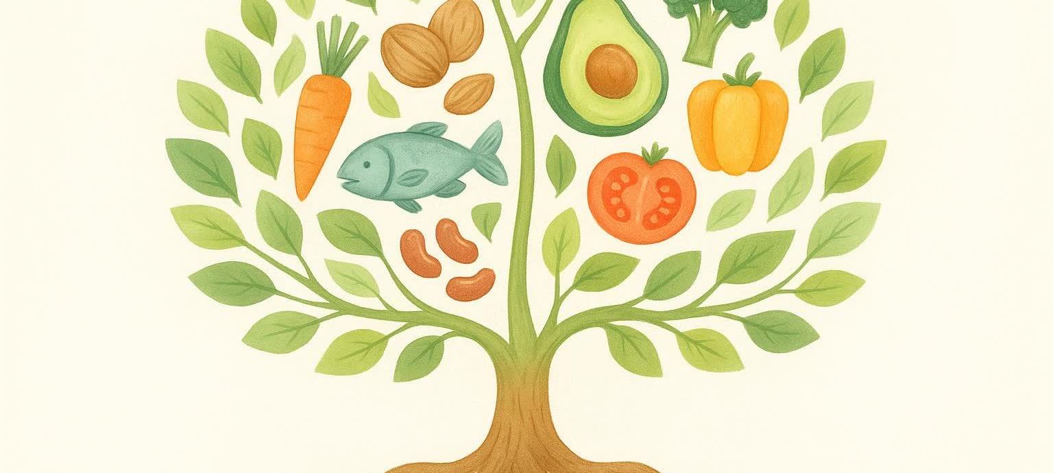 An illustration of a tree with branches full of green leaves. Interspersed among the leaves are whole foods: a carrot, two walnuts, an almond, a fish, three beans, a cross-section of an avocado, a head of broccoli, a yellow bell pepper, and a cross-section of a tomato. The background is a plain off-white color.