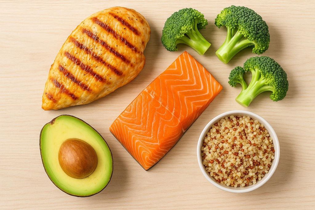 A flat lay of healthy foods for a balanced diet, including grilled chicken breast, a salmon fillet, a halved avocado, multiple broccoli florets, and a bowl of cooked quinoa, all arranged on a light wooden surface.