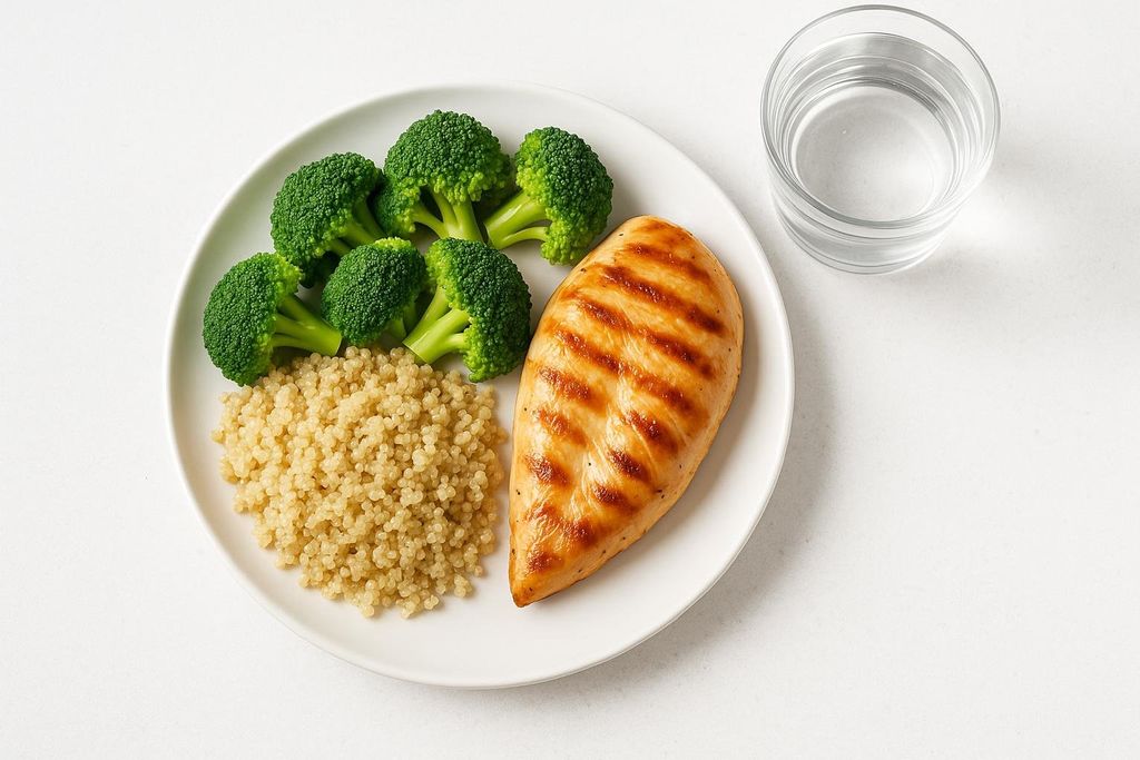 A white plate on a white surface holds a healthy meal. The plate contains a grilled chicken breast, a portion of quinoa, and several florets of broccoli. A glass of water is next to the plate.
