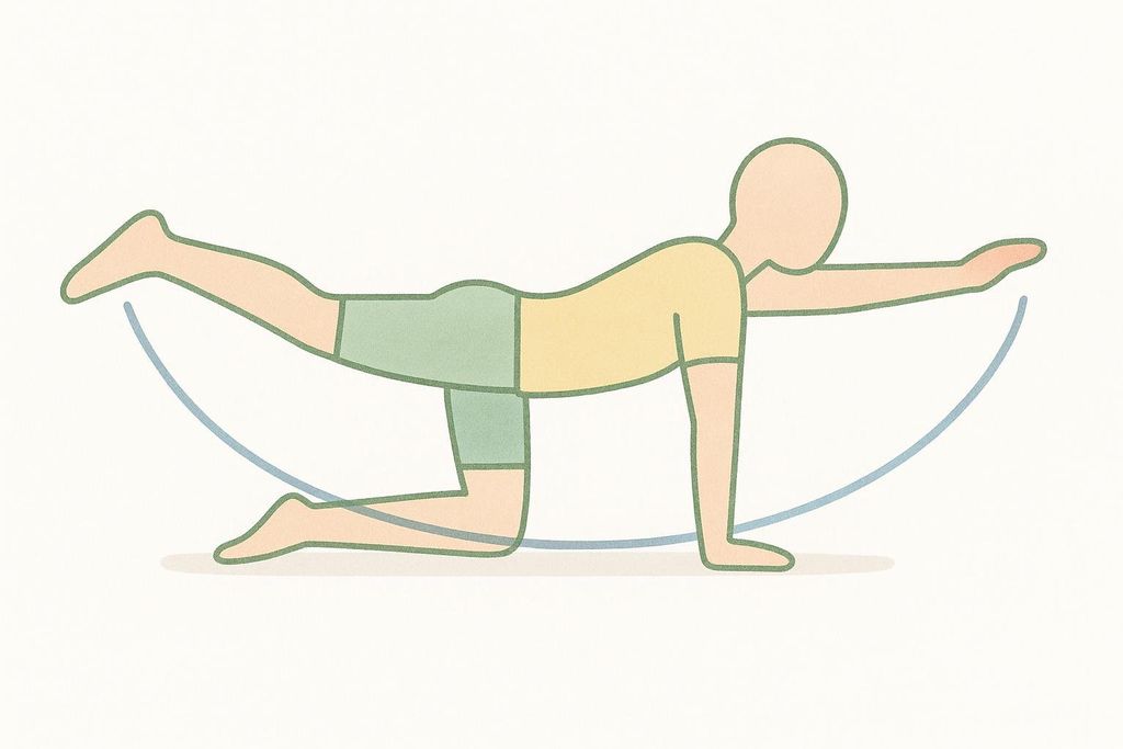 An illustration depicts a person performing the bird dog exercise, on all fours and extending their right arm forward and left leg backward, indicated by blue curved lines showing the range of motion. The person is wearing a light yellow shirt and green shorts.