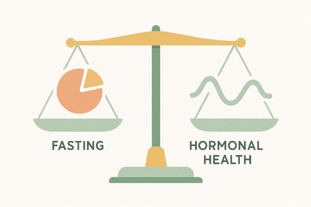 An illustration of a balanced scale. On the left side, representing 'FASTING', is a pie chart. On the right side, representing 'HORMONAL HEALTH', is a wavy line graph, symbolizing fluctuating hormones. The image conveys the importance of balancing fasting protocols with considerations for hormonal health.