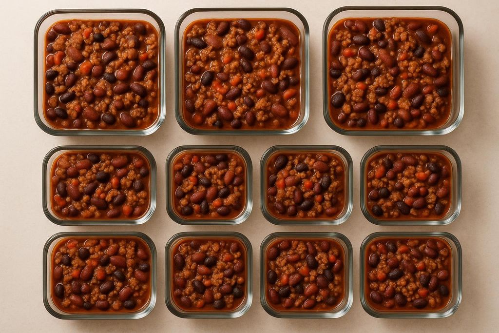 Overhead view of twelve glass containers filled with batch-cooked chili, showcasing an efficient and budget-friendly meal preparation strategy for students.