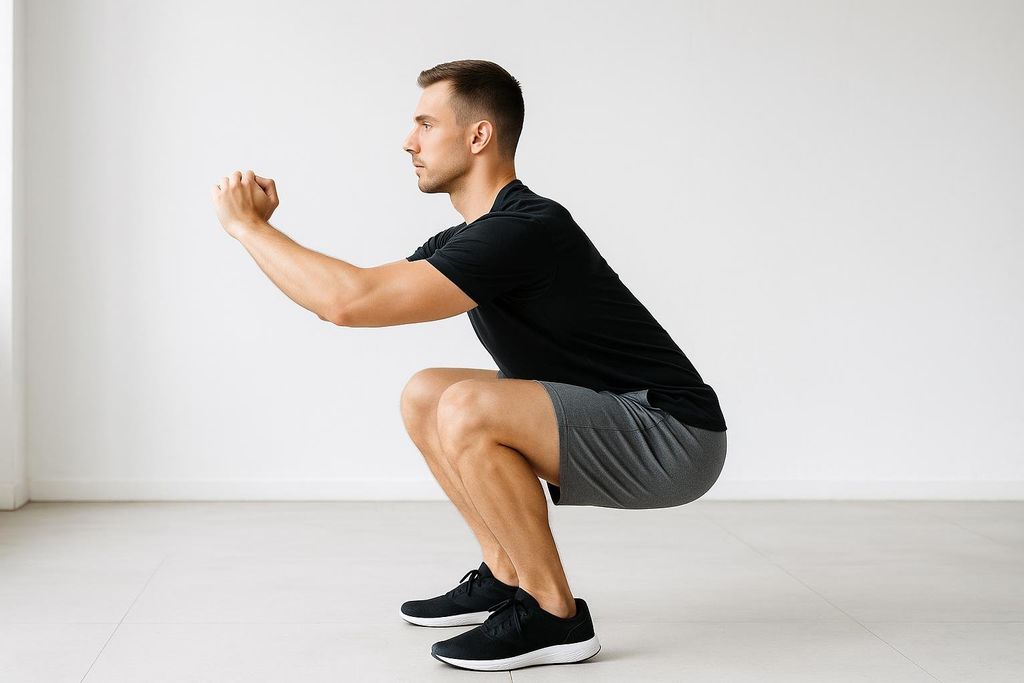 A man in a black t-shirt and grey shorts performs a bodyweight squat with perfect form, seen from the side. He is in the lowest part of the squat, with his thighs parallel to the floor, and his arms extended forward for balance. The background is a plain white wall and a light-colored floor.