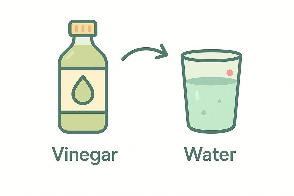 Illustration showing a bottle labeled 'Vinegar' with an arrow pointing to a glass labeled 'Water', depicting vinegar being added to water.