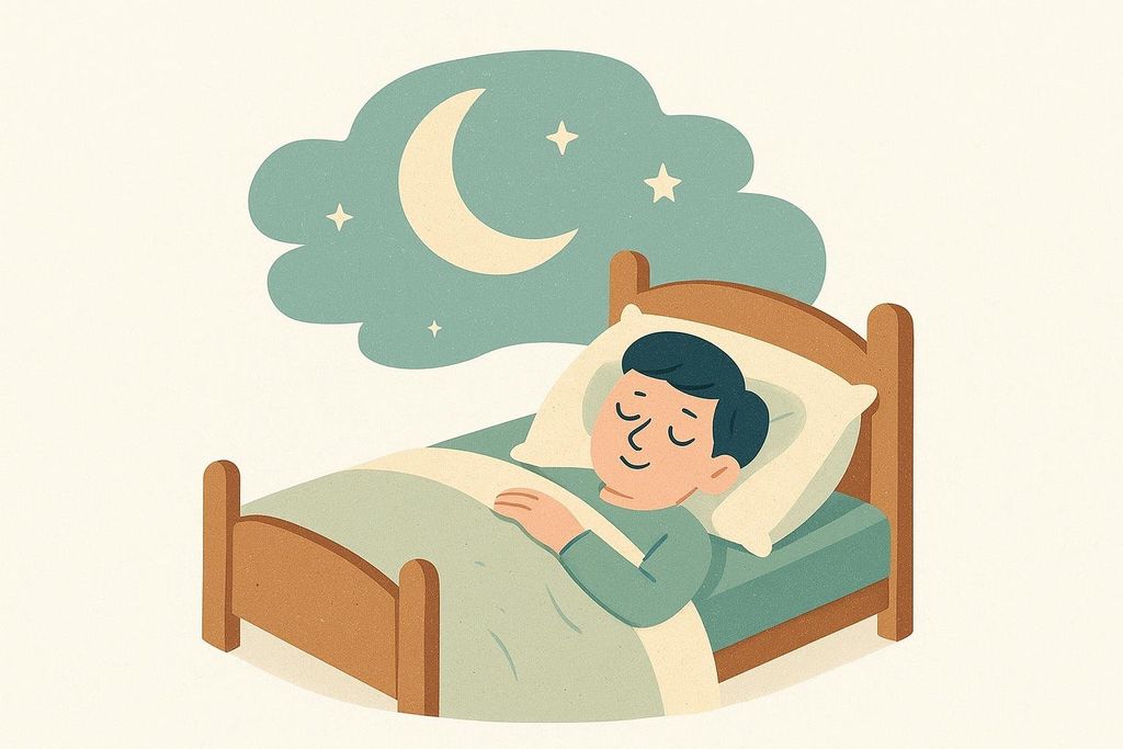 Illustration of a person sleeping peacefully in bed under a cloudy night sky with a moon and stars.