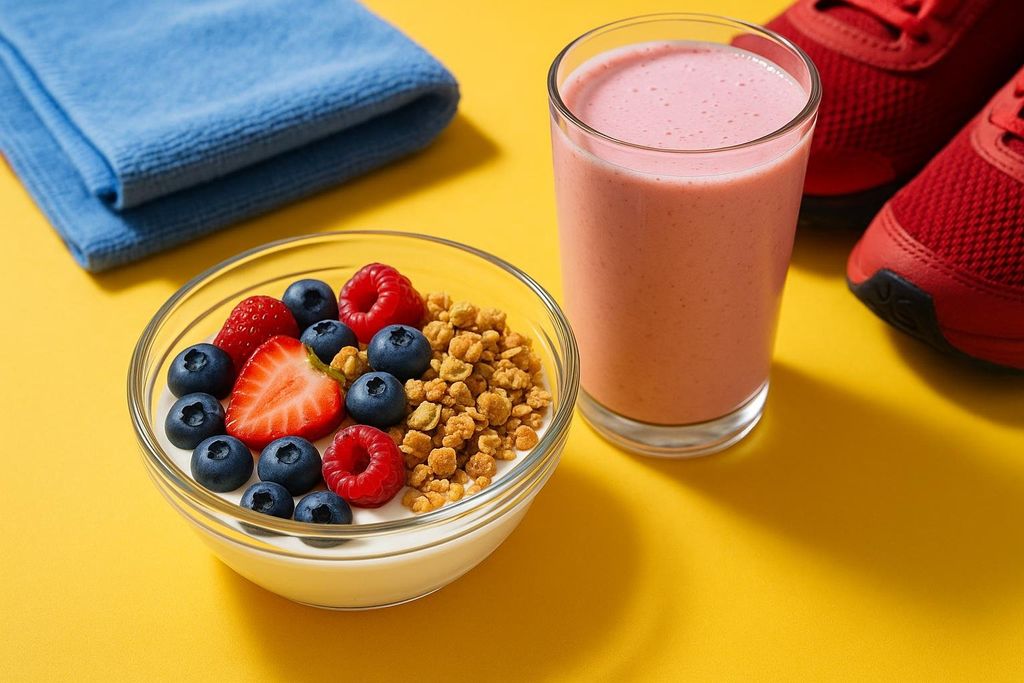 A vibrant yellow background showcases a post-workout meal featuring a glass of pink protein smoothie, a bowl of yogurt with granola and fresh berries (strawberries, blueberries, and raspberries), a folded blue towel, and red athletic shoes, all ready for recovery.