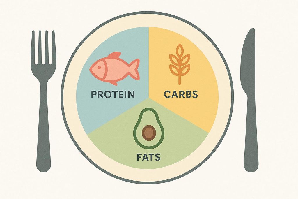 An illustration of a plate divided into three sections with icons and labels: protein (fish), carbs (wheat stalks), and fats (avocado). A fork is on the left and a knife on the right.