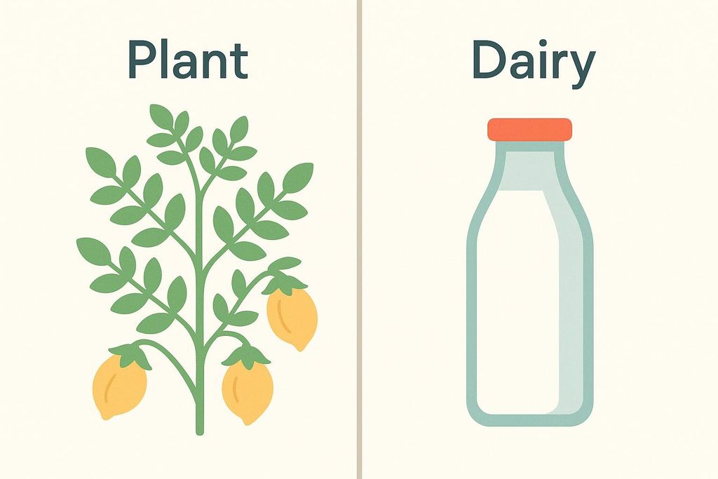 A split illustration comparing a chickpea plant on the left, labeled 'Plant', and a bottle of milk on the right, labeled 'Dairy'. The chickpea plant shows green leaves and several yellow chickpea pods. The milk bottle has a light blue outline and an orange cap, filled with white liquid.