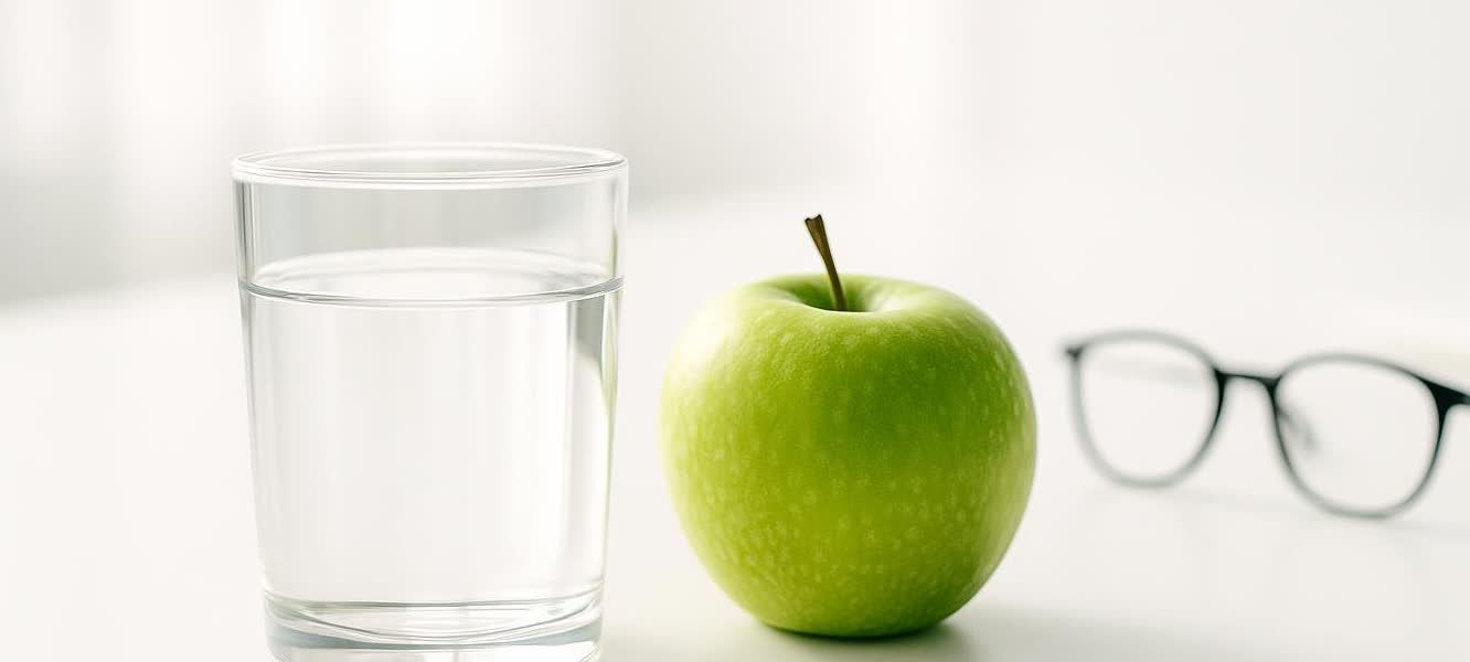A healthy snack and water on a desk, symbolizing preparation for a wellness screening