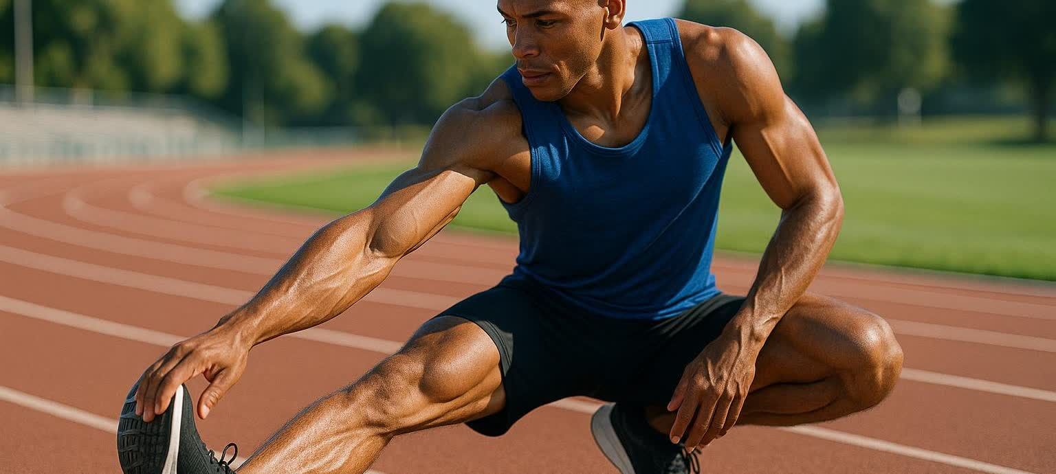 A muscular male athlete in a blue tank top and black shorts stretches his hamstrings on an outdoor running track in the morning sun.