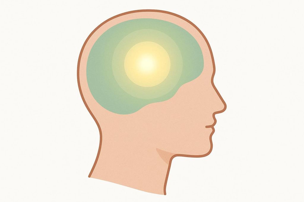A silhouette of a human head in profile with a calm, glowing light in the brain, representing clear mental focus or insight.