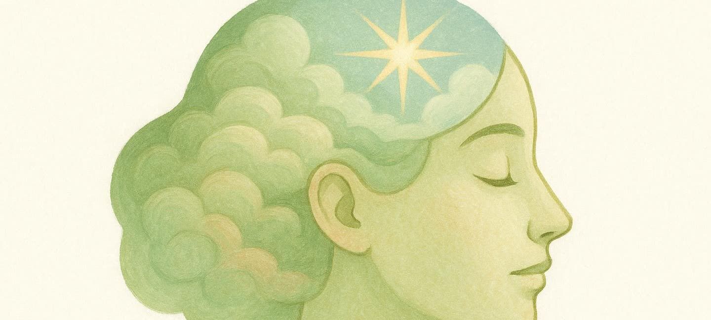 Illustration of a woman's profile with clearing clouds in her mind