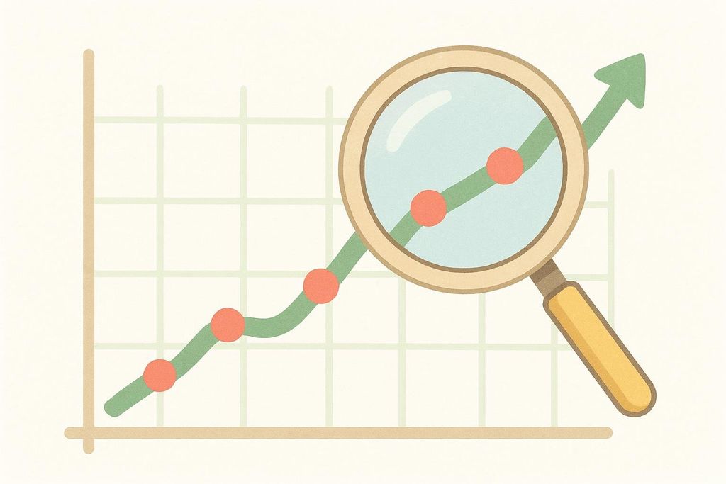 Upward trending graph with a magnifying glass, representing verification of results.