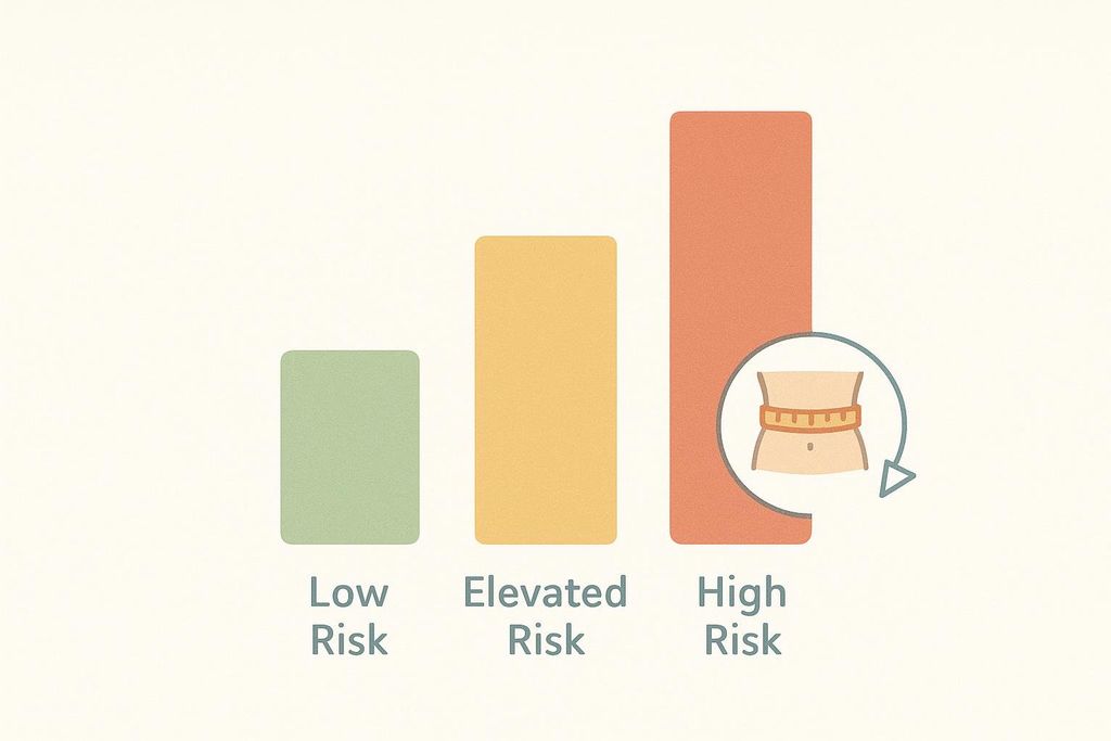 A bar chart illustrating risk categories (low, elevated, high) in relation to waist circumference. The 'High Risk' bar, which is the tallest orange bar, includes an icon of a measuring tape around a waist, symbolizing the health risks associated with a large waist circumference.