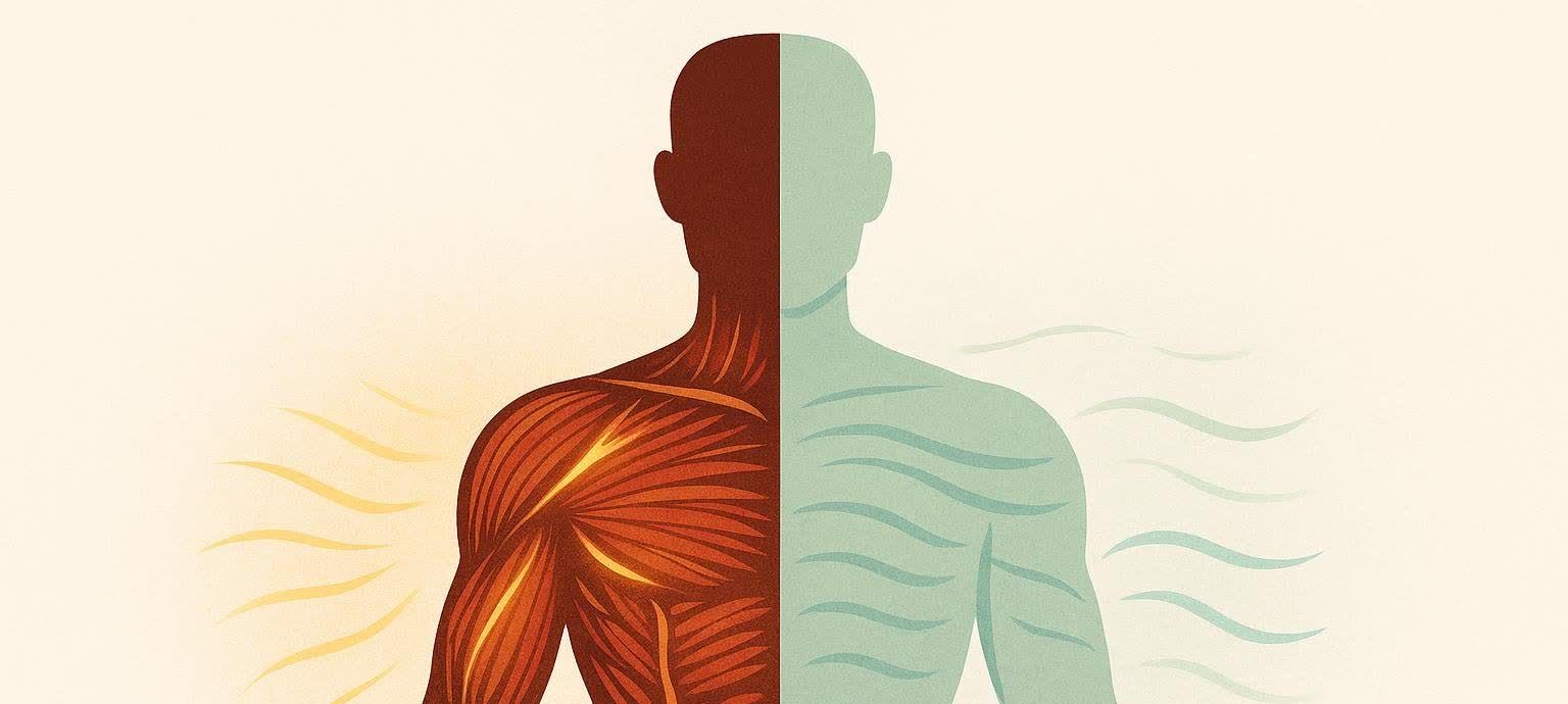 An artistic illustration of a human figure split into two halves: one representing training stress with visible muscles and warm tones, and the other representing recovery and growth with wavy lines and cool tones, both in perfect balance.