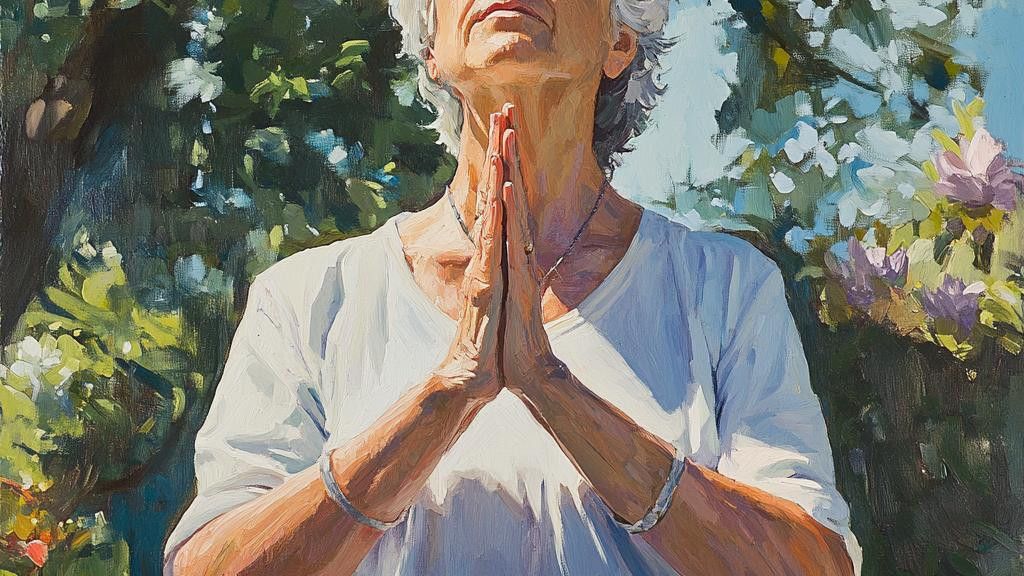 A close up painting of a person with folded hands, eyes closed, and mouth slightly open. The background contains green and blue foliage with hints of pink and white from what is likely flowers. 