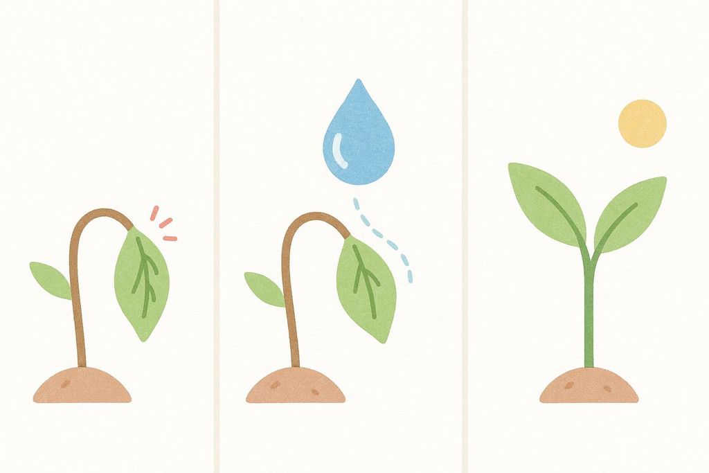 A three-panel illustration shows the transformation of a plant: first, a wilting plant with drooping leaves, then a large blue water droplet falling towards the plant, and finally, the revived plant standing upright with healthy green leaves under a small yellow sun.