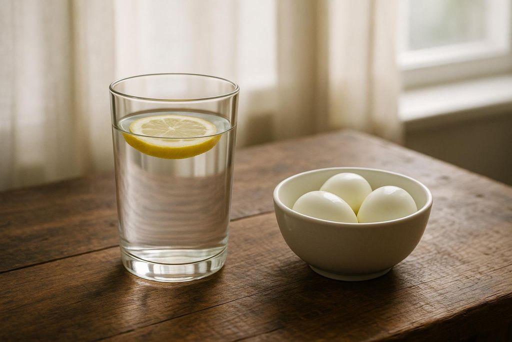 Three hard-boiled eggs in a white bowl next to a glass of lemon water on a wooden table. A window with light curtains is visible in the background.