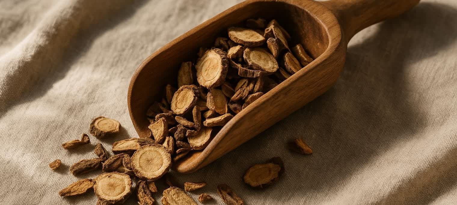 A wooden scoop filled with dried, light brown Tongkat Ali root slices, with some slices spilled out onto a light-colored linen fabric background.