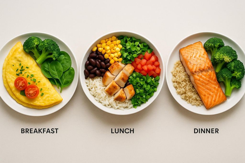 An example day of eating on a lean bulk, displayed as three white plates: an omelet with broccoli and spinach for breakfast, a burrito bowl with chicken, rice, beans, corn, and vegetables for lunch, and salmon with couscous and broccoli for dinner.