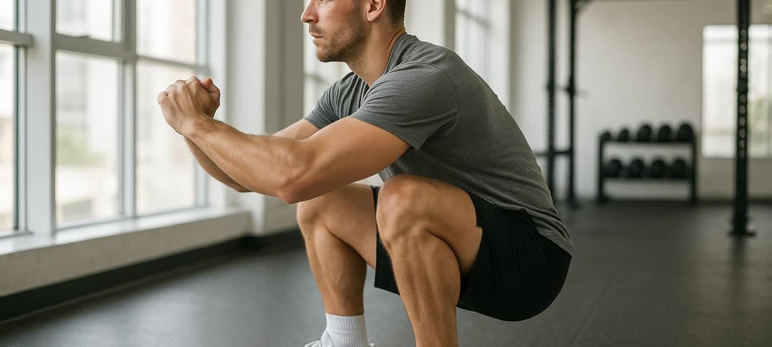 A man in a grey t-shirt and black shorts performing a deep squat in a gym, with his fists clenched in front of him. His form demonstrates excellent ankle flexibility. The background shows large windows and a rack of dumbbells.