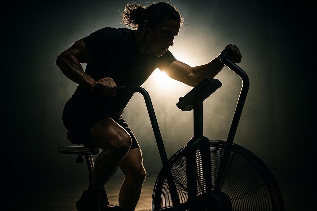 A man intensely exercising on an air bike in a dimmed, smoky room with a bright light shining from behind him, highlighting his muscular form.