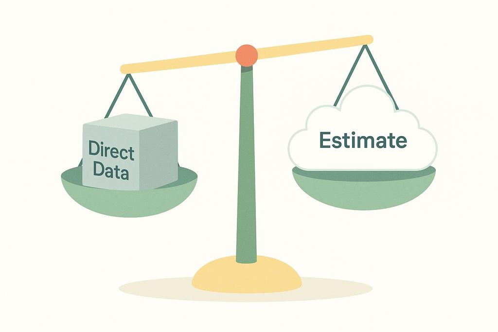 An illustration of a balance scale showing 'Direct Data' as a heavy cube on the left, making that side heavier, while 'Estimate' is a light cloud on the right, which is higher up. The illustration implies that direct data carries more weight or is more substantial than an estimate.