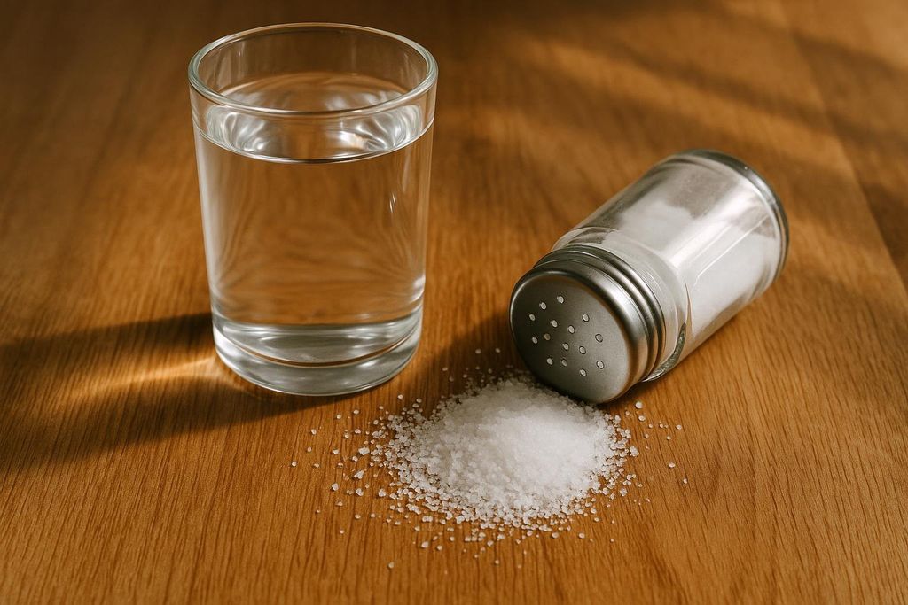 A clear glass of water stands upright next to a metal-capped salt shaker lying on its side, with a small pile of white salt crystals spilled out onto a wooden table surface.