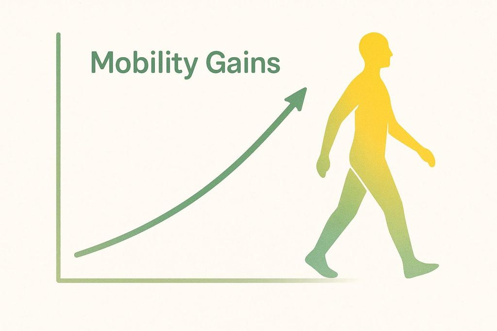 An abstract graph with an upward-curving line representing improvement over time, labeled 'Mobility Gains'. A gradient yellow-to-green silhouette of a person appears to walk off the right side of the graph, symbolizing progress.
